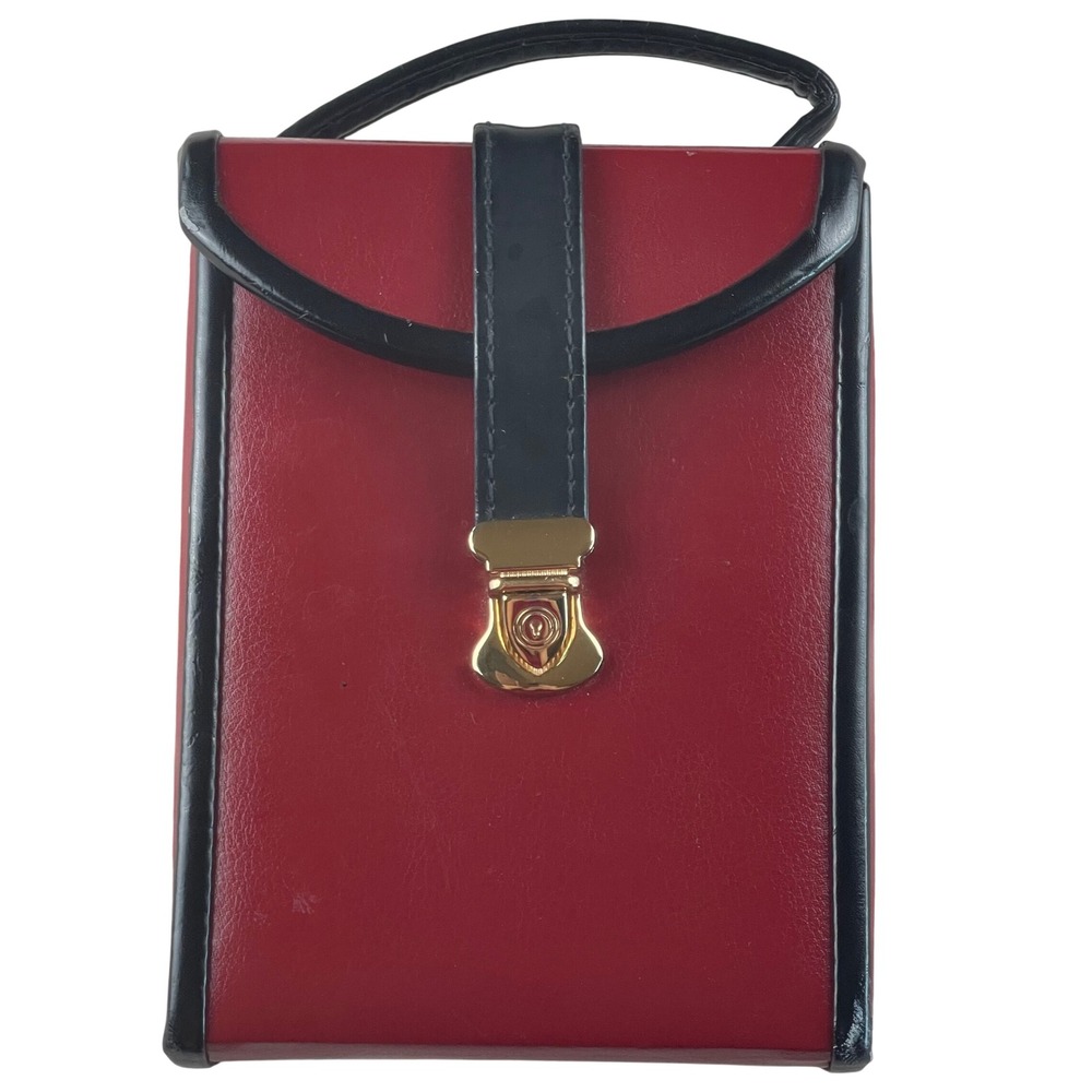 Vintage Red and Black Faux Leather Jewelry Travel Case Organizer with Handle